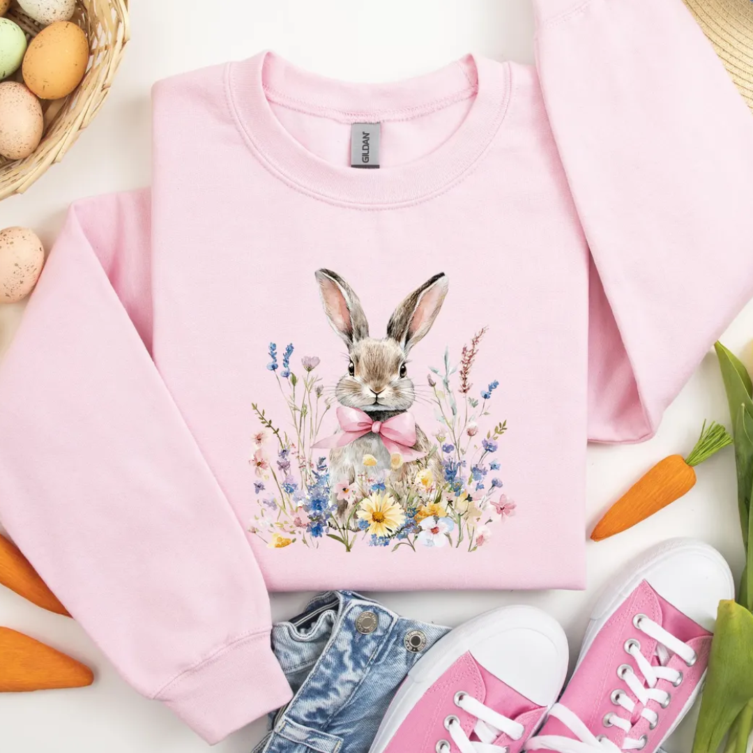 Floral Bunny Easter Sweatshirt - Light Pink