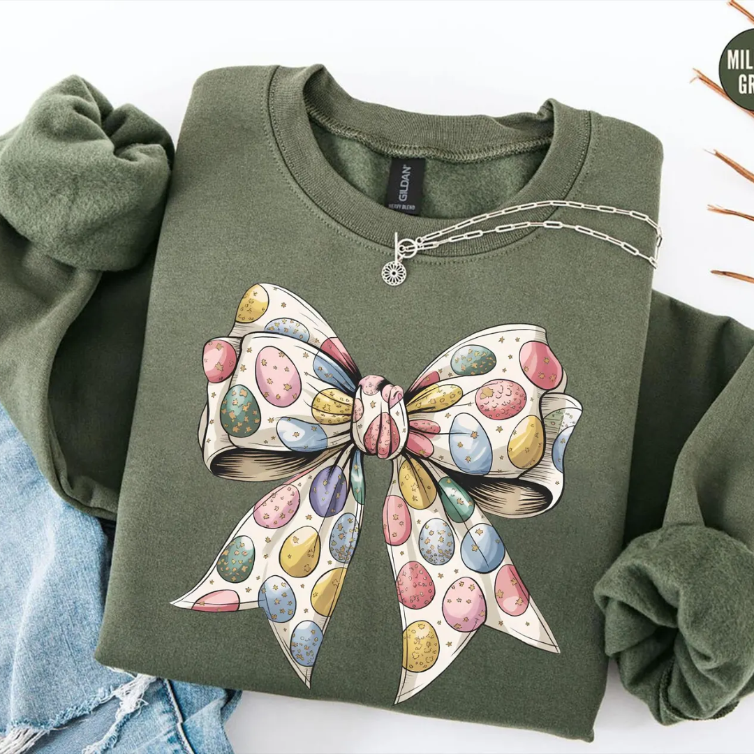 Bow Eggs Pattern Easter Sweatshirt - Military Green