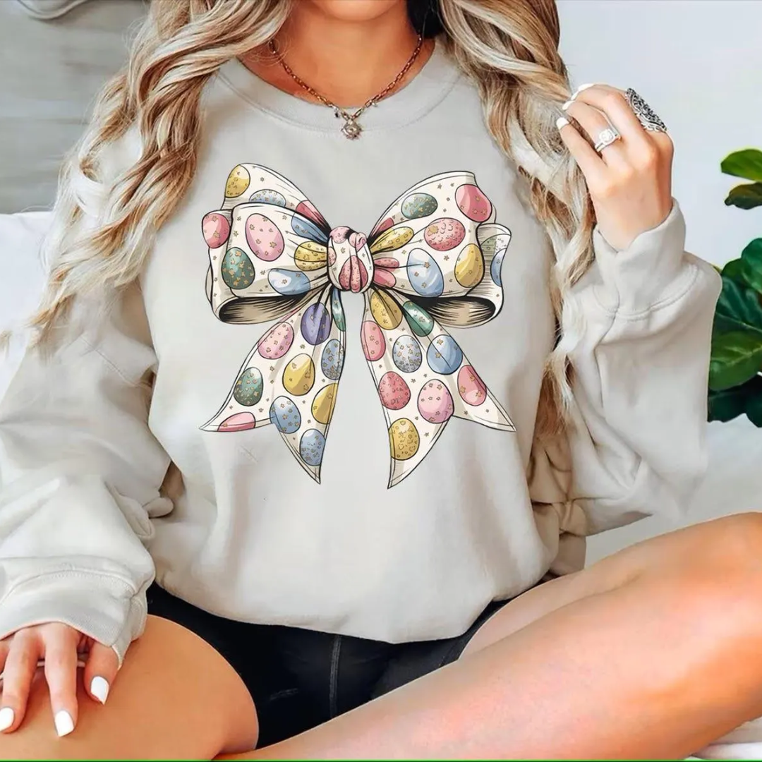 Bow Eggs Pattern Easter Sweatshirt - Sandstone