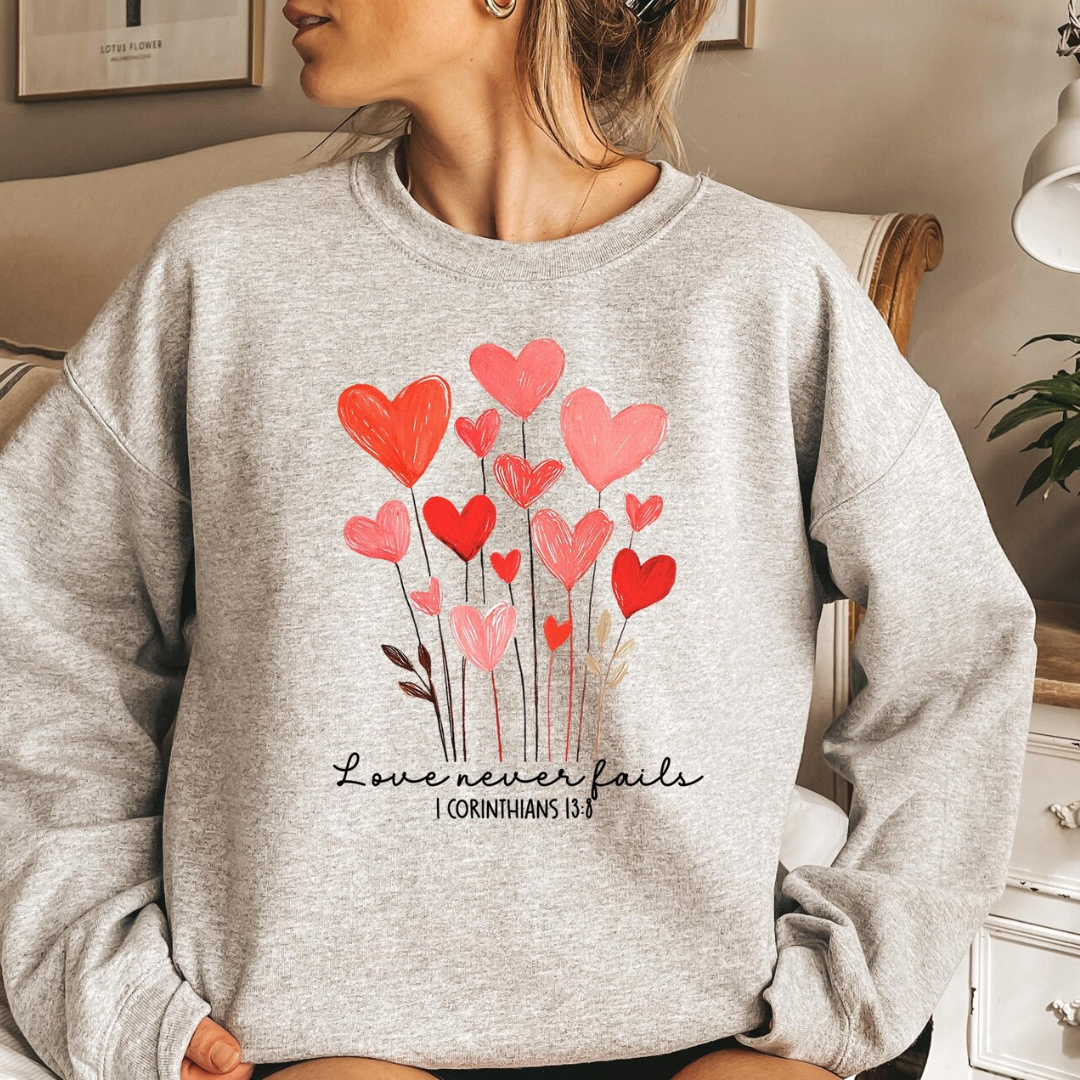 Love Never Fails Valentine's Day Sweatshirt - Ash Grey