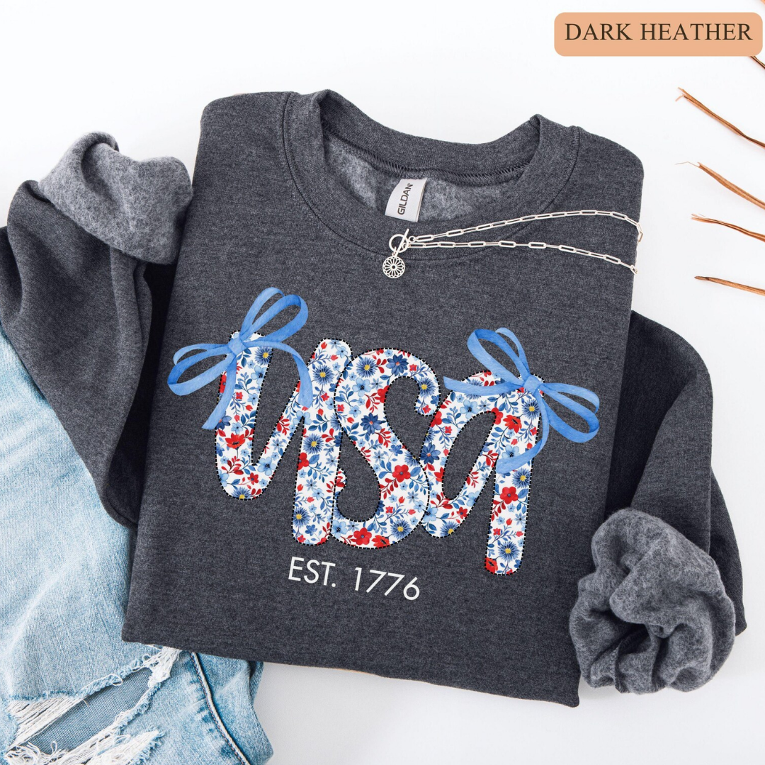 USA Festive Bow 4th of July Sweatshirt - Heather