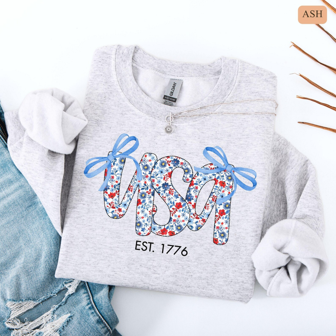 USA Festive Bow 4th of July Sweatshirt - Ash