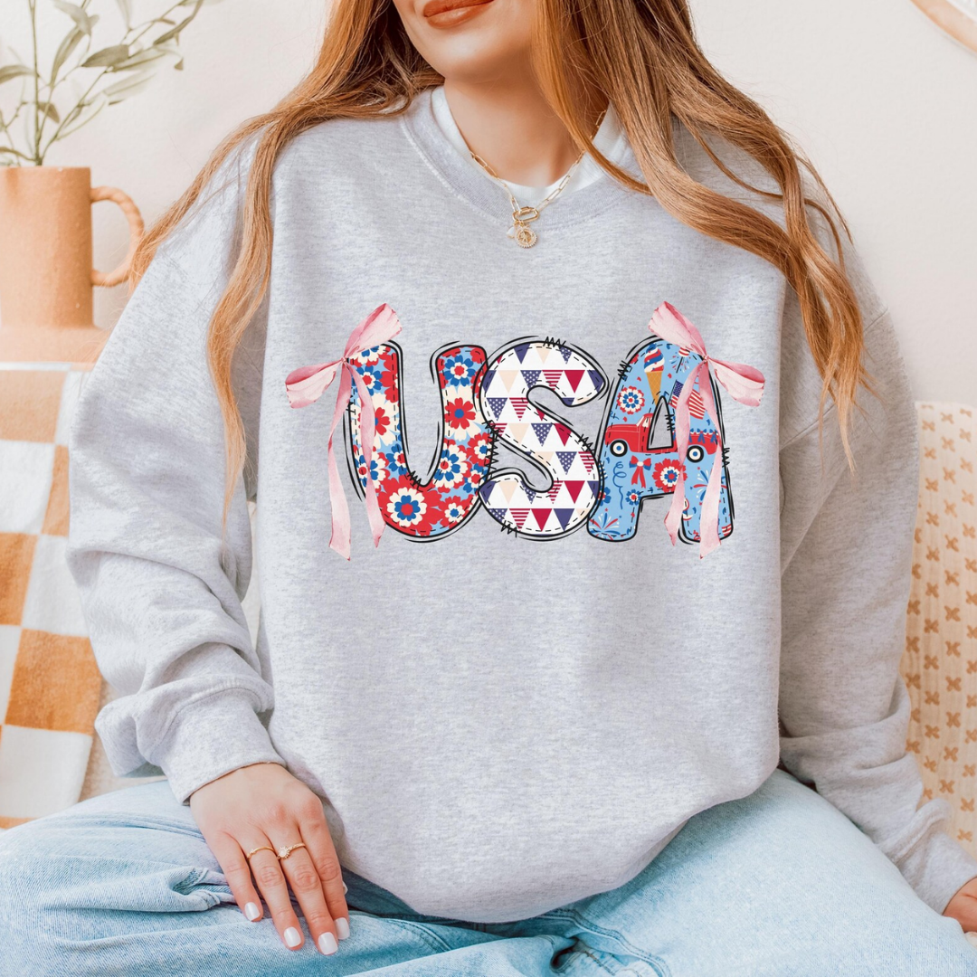USA Festive Bow 4th of July Sweatshirt - Ash