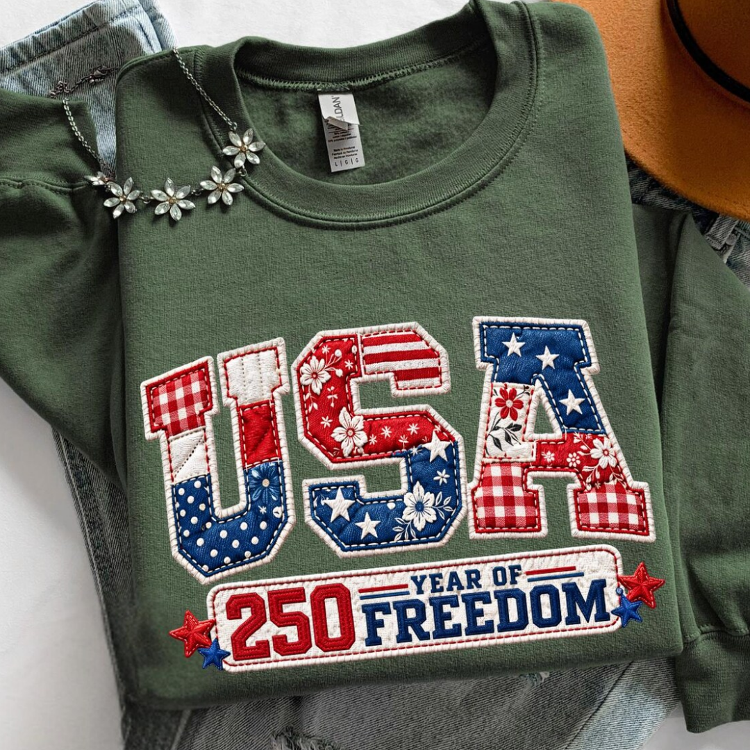 USA Embroidered 4th of July Sweatshirt - Military Green