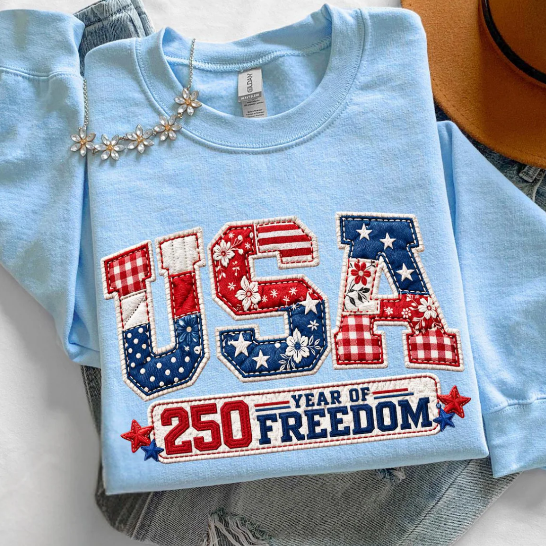 USA Embroidered 4th of July Sweatshirt - Light Blue
