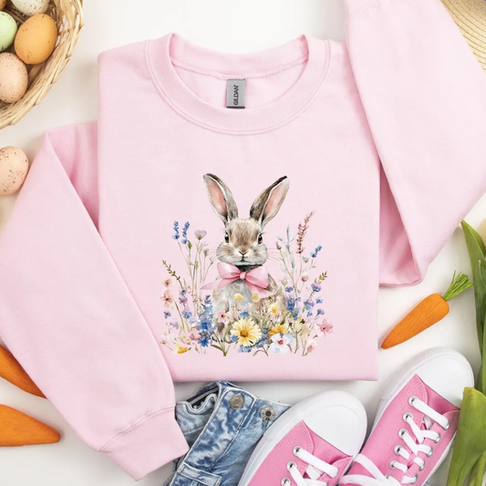 Floral Bunny Easter Sweatshirt - Light Pink