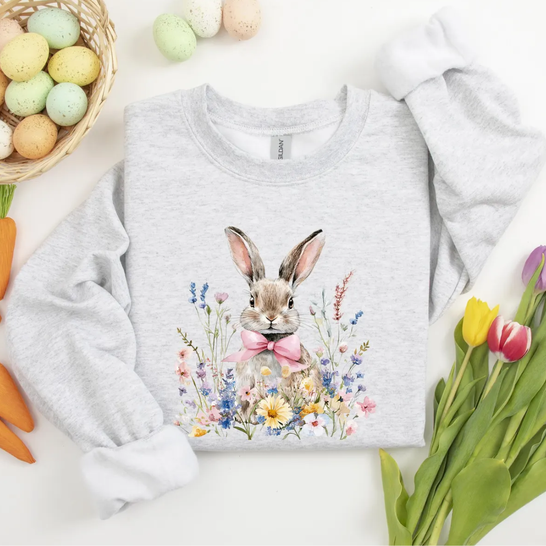 Floral Bunny Easter Sweatshirt - Ash Grey