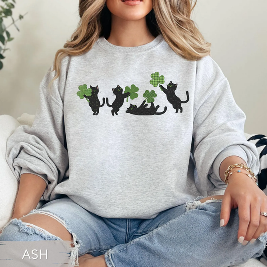 Cats Shamrock St Patrick's Day Sweatshirt - Ash