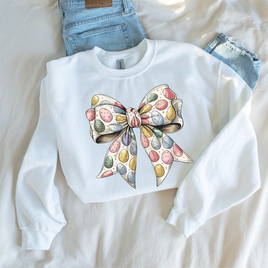 Bow Eggs Pattern Easter Sweatshirt - White