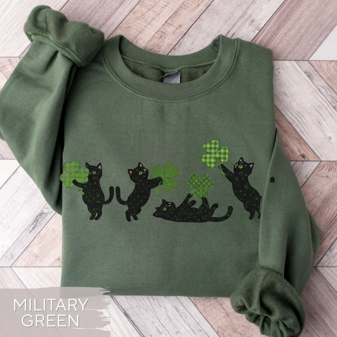 Cats Shamrock St Patrick's Day Sweatshirt - Military Green