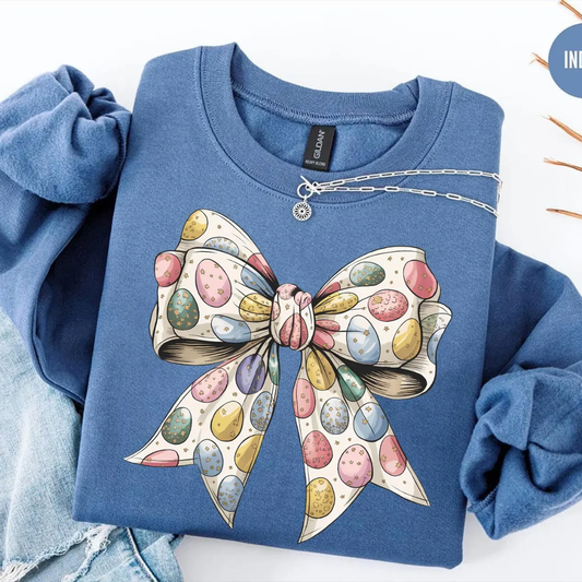 Bow Eggs Pattern Easter Sweatshirt - Indigo Blue