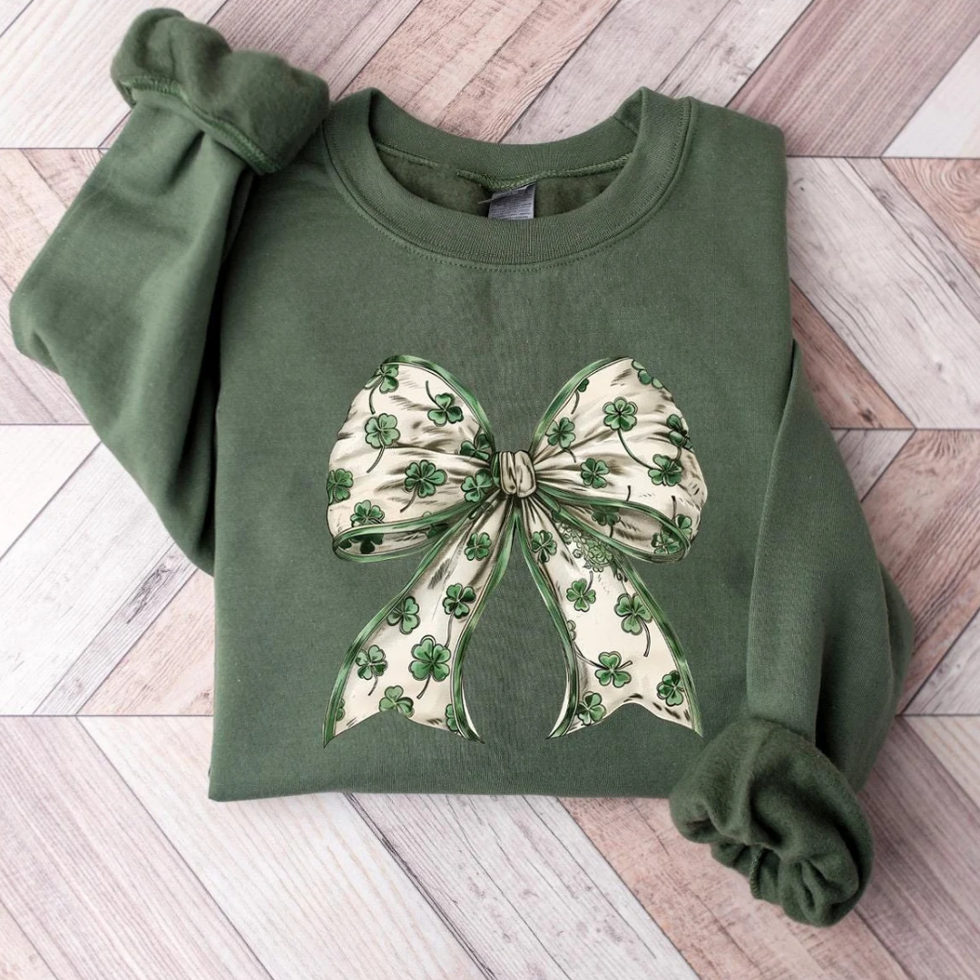 Shamrock Bow St Patrick's Day Sweatshirt - Military Green