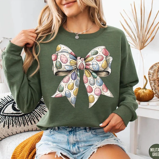 Bow Eggs Pattern Easter Sweatshirt - Military Green