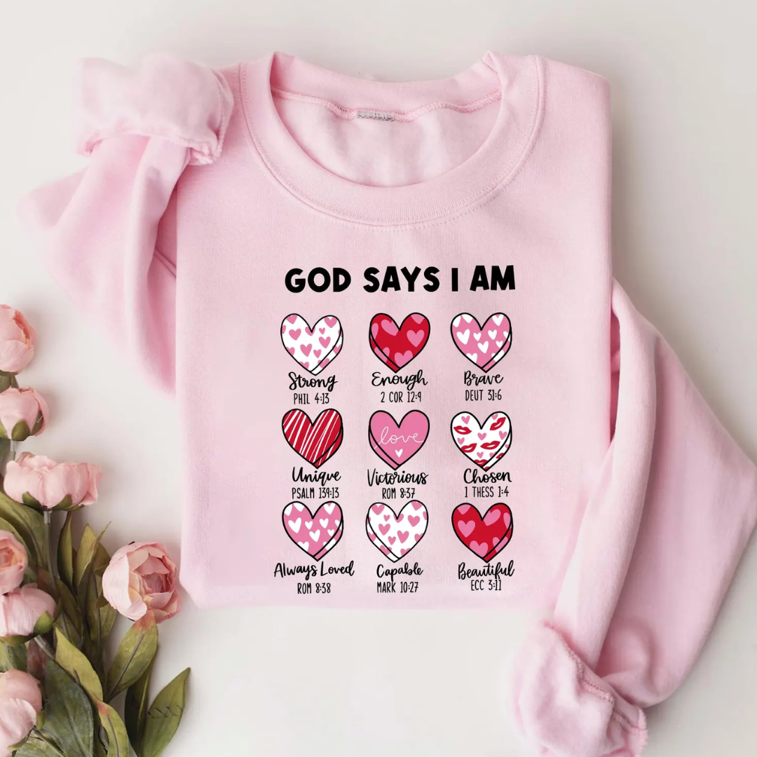 God Says I Am Valentine's Day Sweatshirt - Light Pink