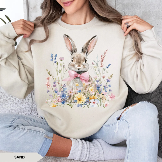 Flowers Bunny Easter Sweatshirt - Sandstone