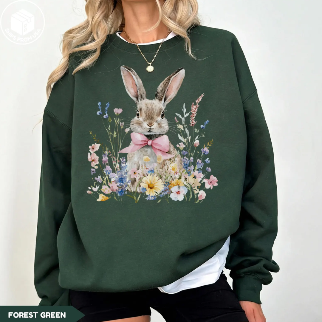 Flowers Bunny Easter Sweatshirt - Forest Green