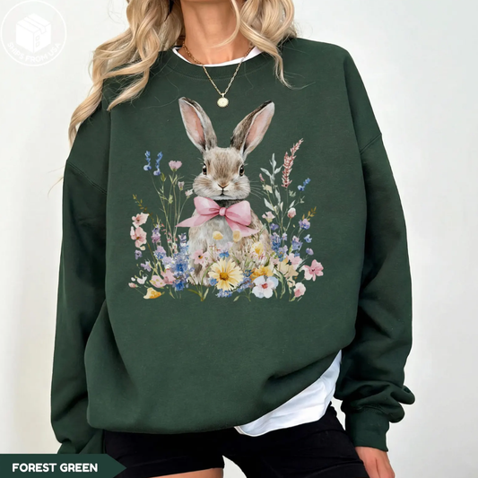 Flowers Bunny Easter Sweatshirt - Forest Green
