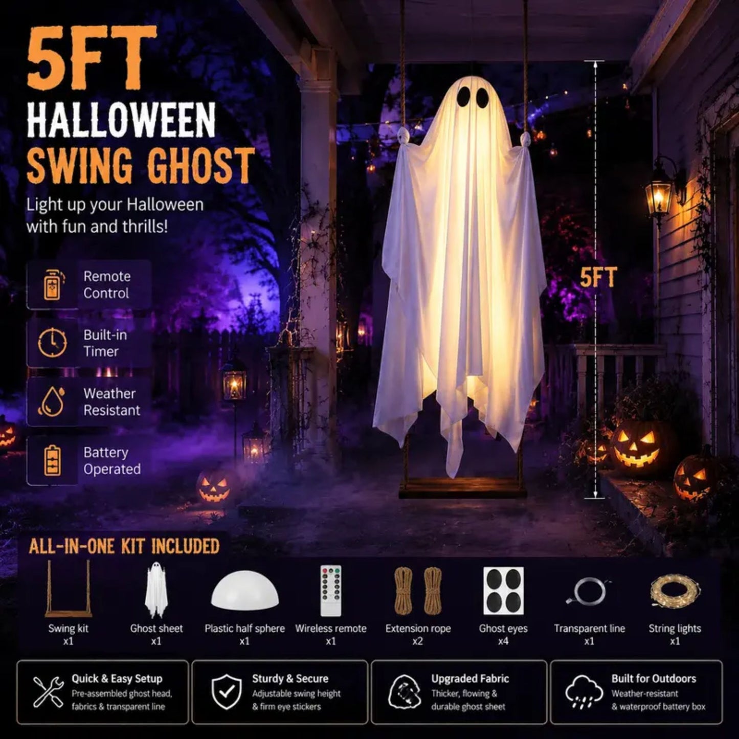 Light-Up Swinging Ghost Halloween Decoration