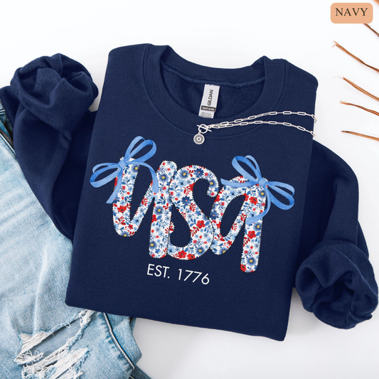 USA Festive Bow 4th of July Sweatshirt - Navy
