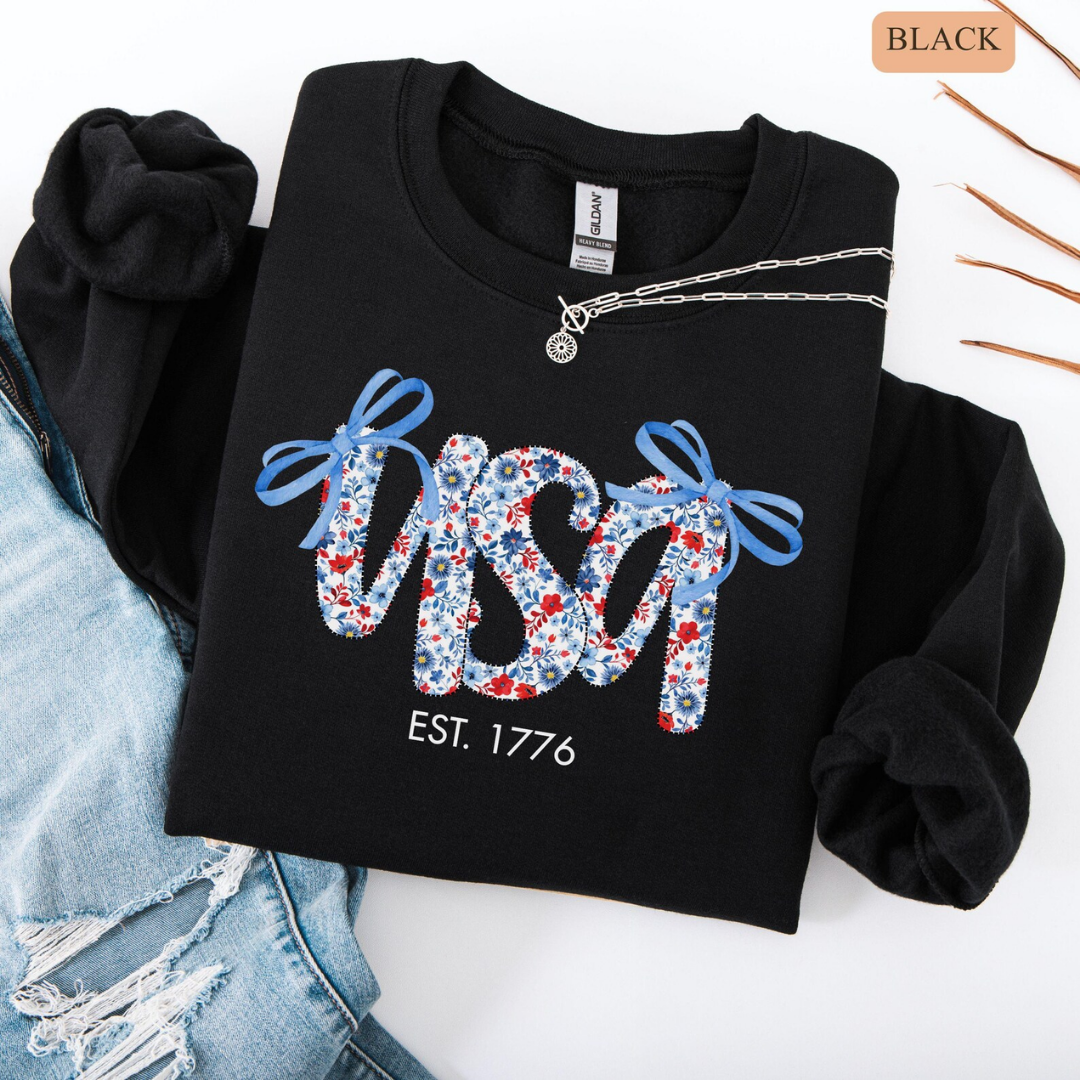 USA Festive Bow 4th of July Sweatshirt - Black