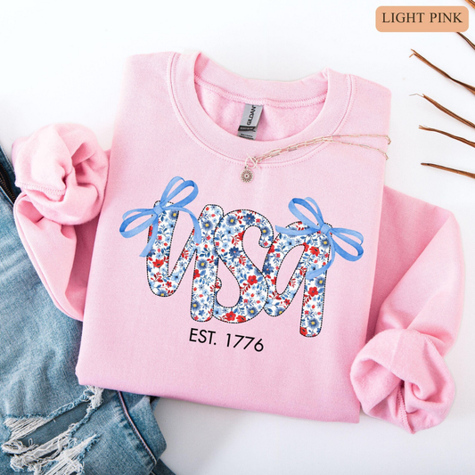 USA Festive Bow 4th of July Sweatshirt - Light Pink