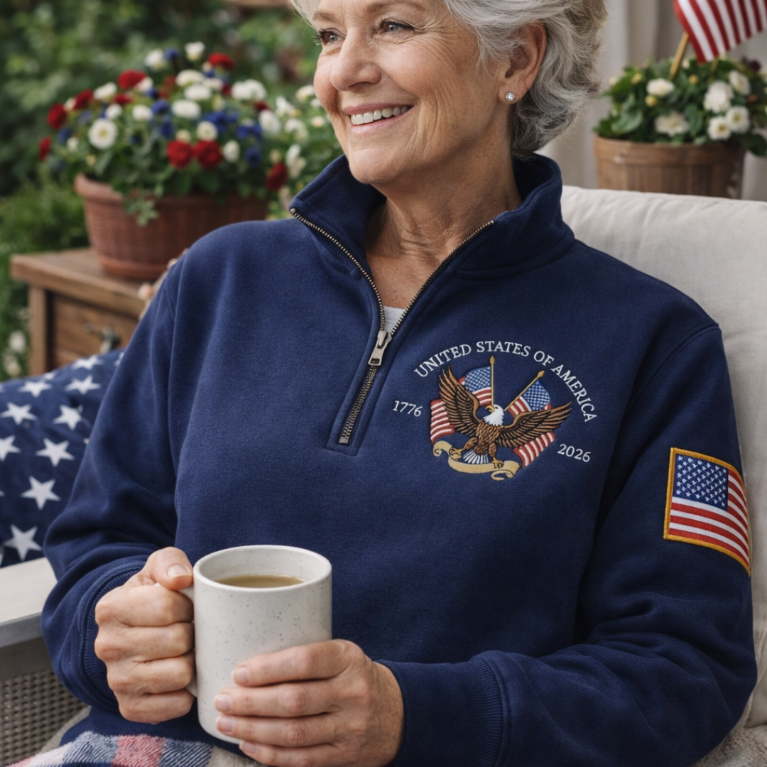 USA Embroidered Quarter Zip Sweatshirt - Navy