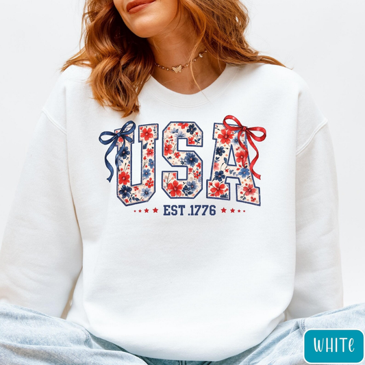 USA Festive Bow 4th of July Sweatshirt - White