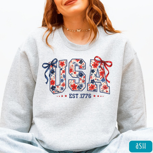USA Festive Bow 4th of July Sweatshirt - Ash
