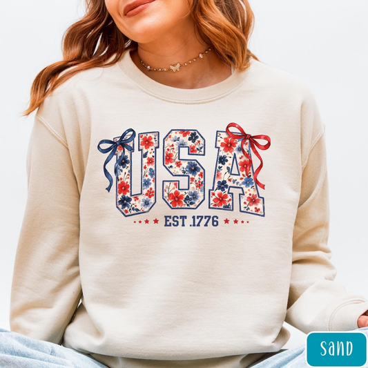 USA Festive Bow 4th of July Sweatshirt - Sand