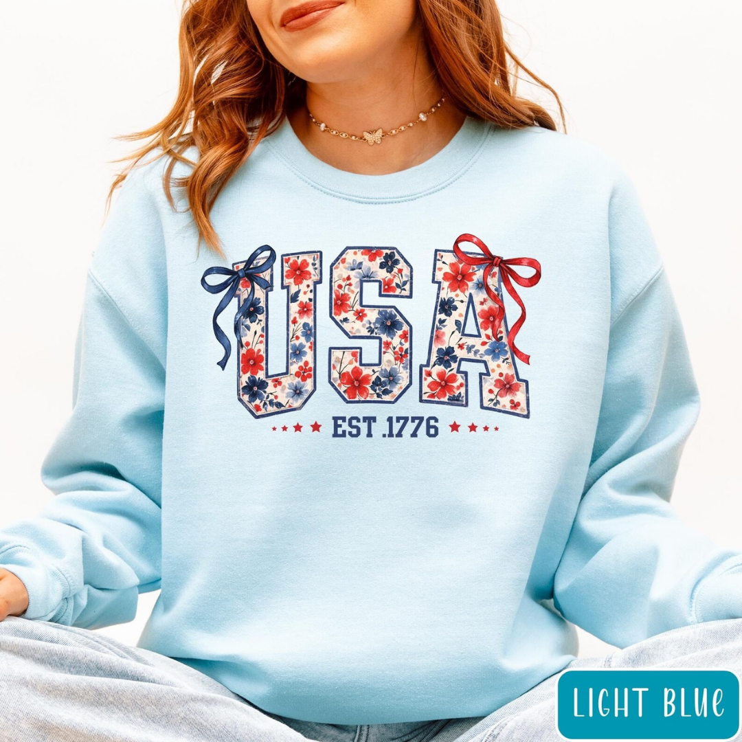USA Festive Bow 4th of July Sweatshirt -Light Blue