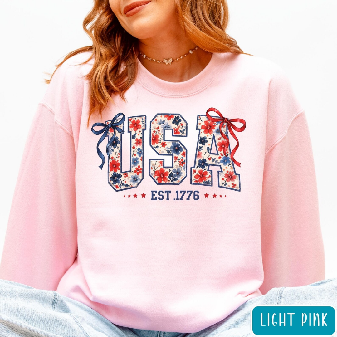 USA Festive Bow 4th of July Sweatshirt - Light Pink