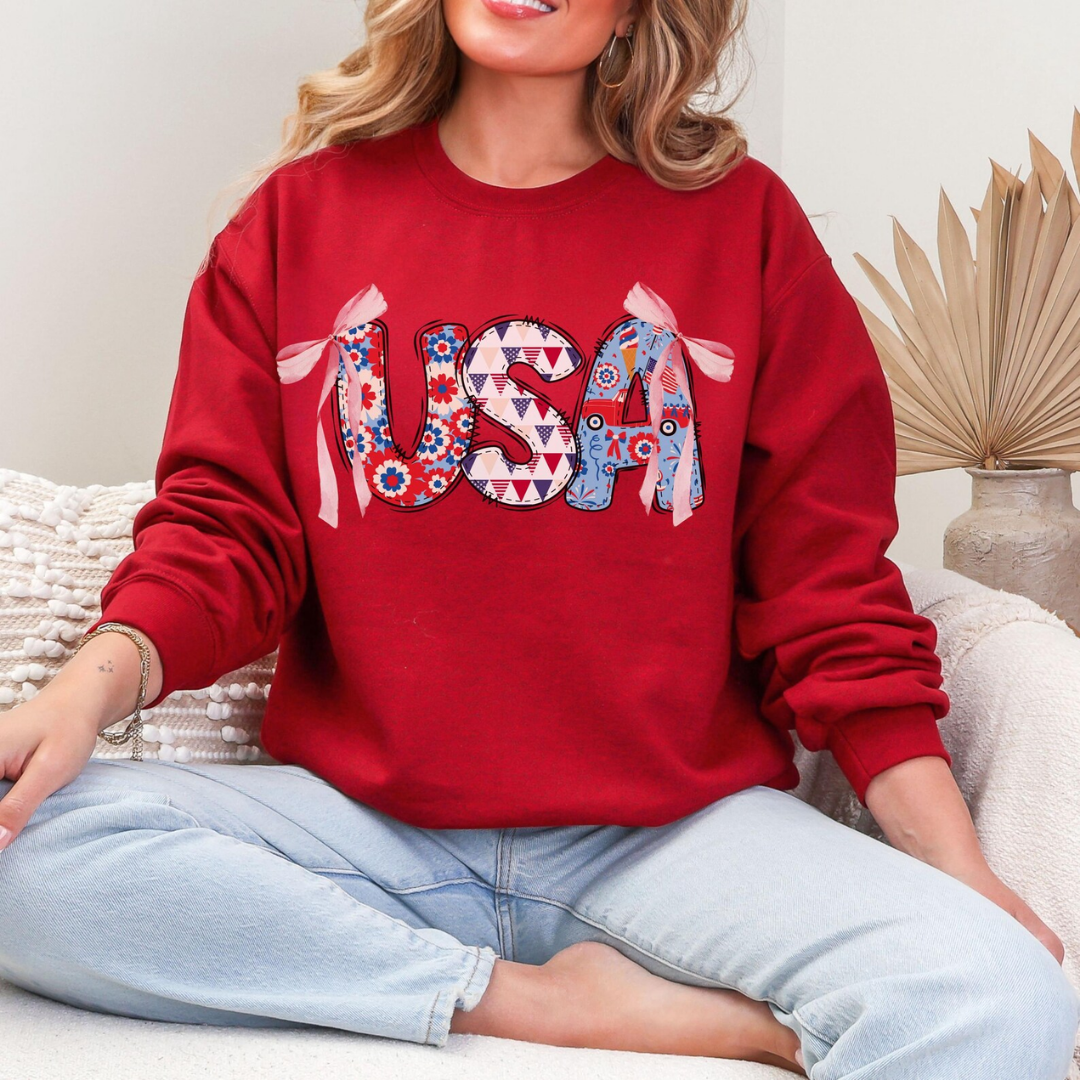 USA Festive Bow 4th of July Sweatshirt - Red