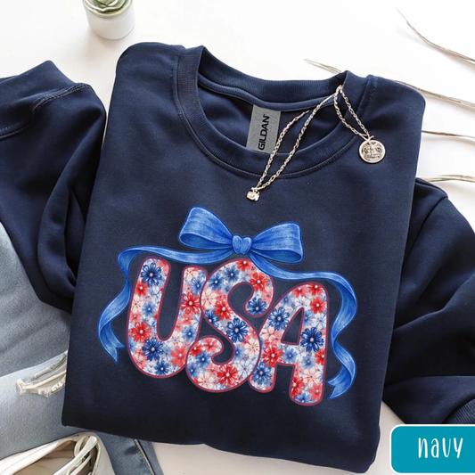 USA Festive Bow 4th of July Sweatshirt - Navy