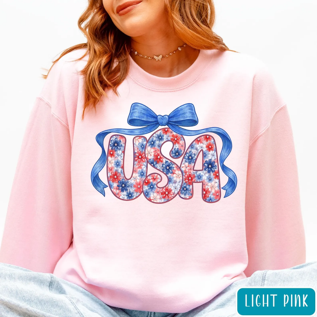 USA Festive Bow 4th of July Sweatshirt - Light Pink
