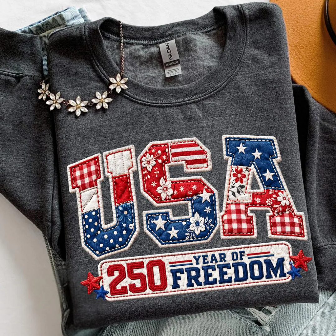 USA Embroidered 4th of July Sweatshirt - Heather