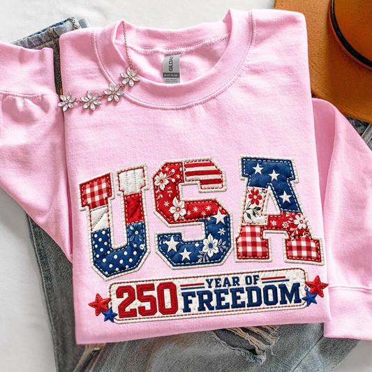 USA Embroidered 4th of July Sweatshirt - Light Pink