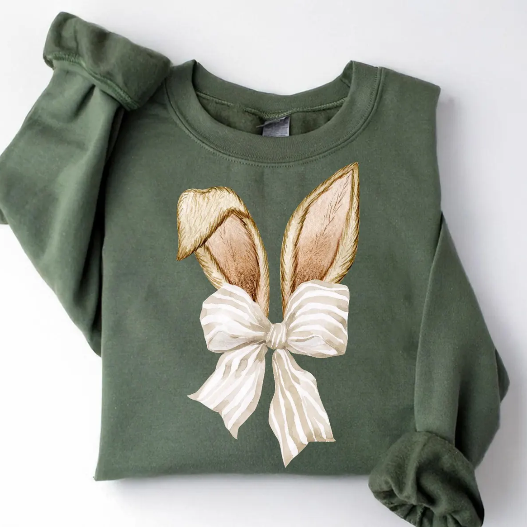 Bunny Bow Ears Easter Sweatshirt - Military Green