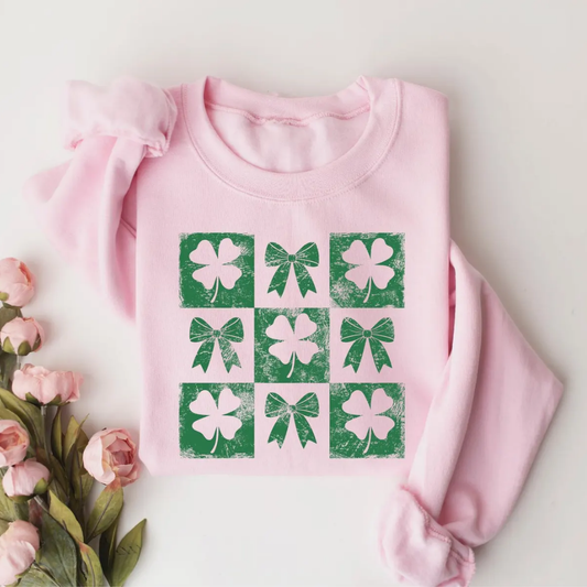 Shamrock Bow St Patrick's Day Sweatshirt - Light Pink